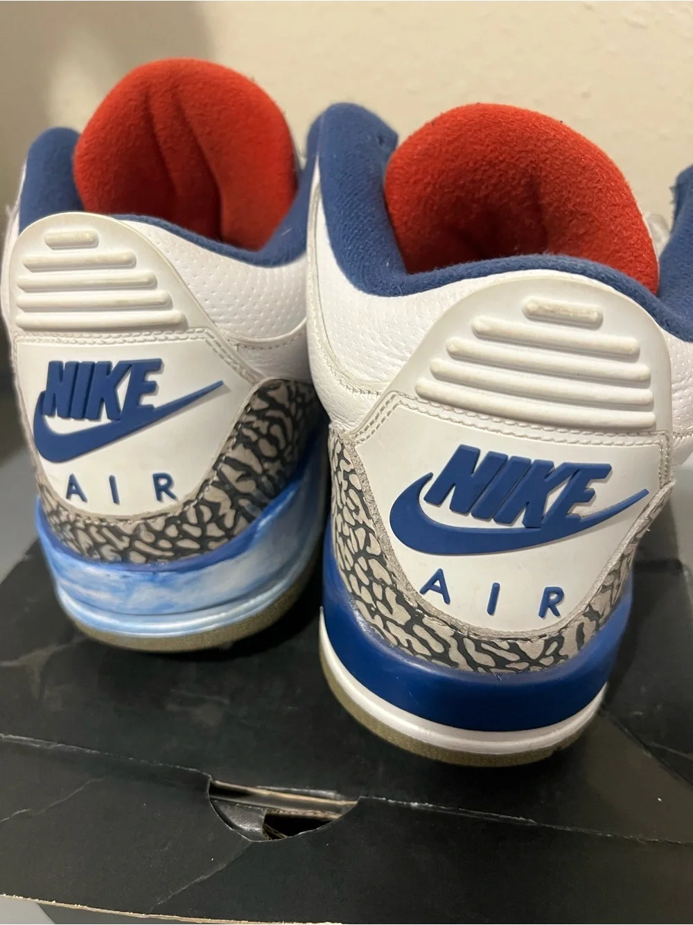 Nike White/Blue/Red Air Jordan 3 Men’s Sneakers with Elephant Print Accents